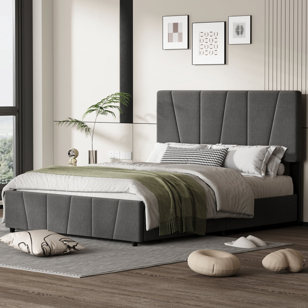 Eastvita King Size Upholstered Platform Bed Frame with 2 Storage Drawers and Adjustable Headboard, Wooden Slats Support, No Box Spring Needed