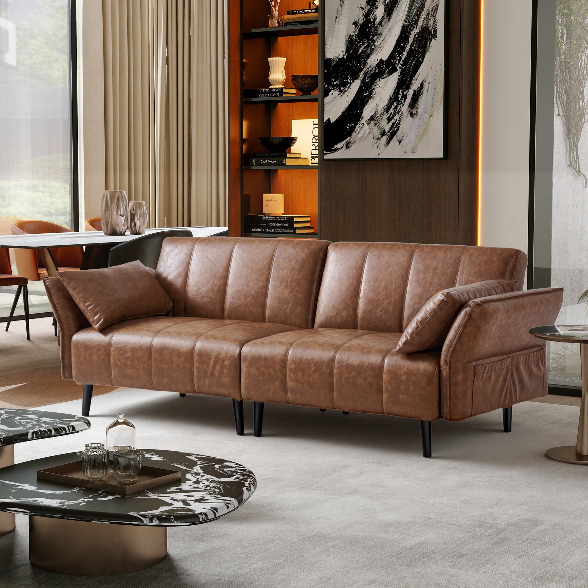83" Faux Leather Sofa,Mid Century Modern Convertible Futon Sofa Bed Loveseat with Adjustable Armrest and Backrest,2 Pillows for Living Room,Office,Brown