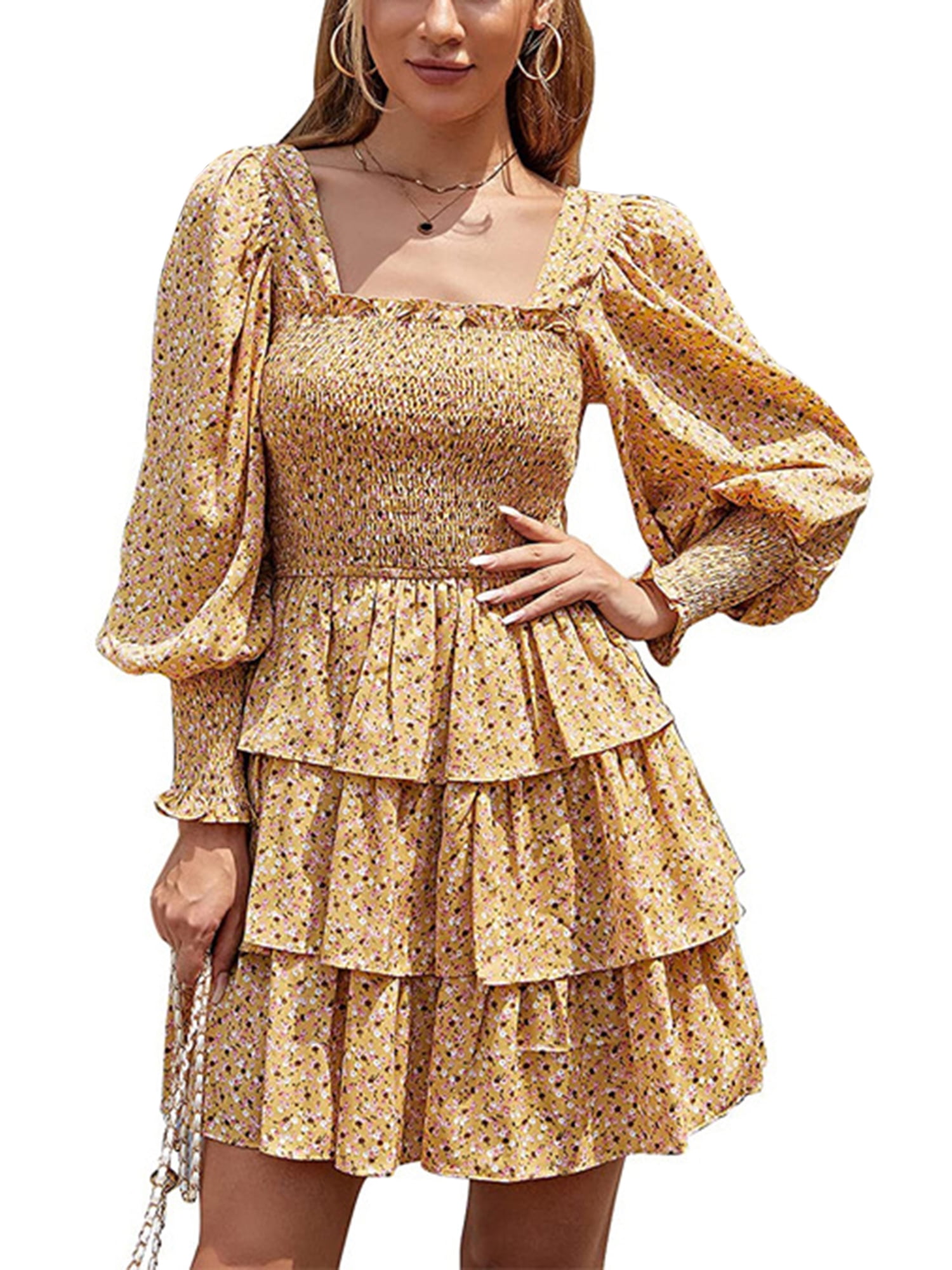 Women Layered Flounce Dress, Flower 