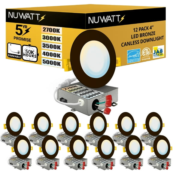NuWatt 4'' Bronze Trim Ultra Slim 5CCT Selectable LED Canless Recessed Wafer Light 12 Pack
