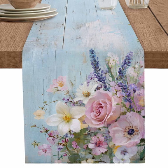 nqOlkjepod Spring Pink Flower Table Runner 48 Inches Long Farmhouse Dress Scarves, Lavender Botanical Blue Wood Board Dining Tablerunner for Coffee Table/Kitchen Island/Party Décor, 13" x 48"