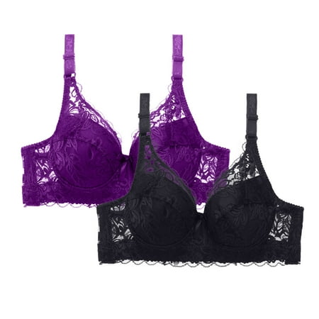 Sales Today Clearance DondPO Bras for Women Women Sexy Up Deep V Underwire Padded Lace Brassiere Bra Push Up Bra Plus Size Bras for Women Z-2PC(Purple+Black 2pc-7XL