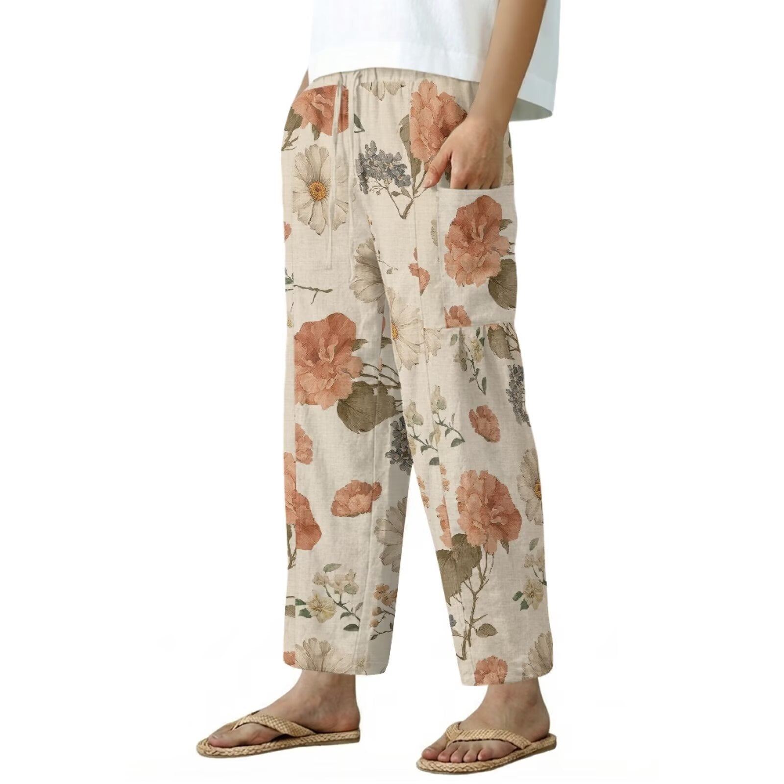 Yuyamidu Chinese Aesthetic Floral Linen Straight Leg Pants for Women Petite Cotton Casual Pants Comfy Straight Leg Travel Trousers Chinese Print Outfits, Size 5XL