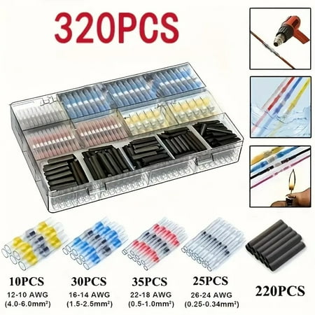 DEXIMRO Heat Shrink Butt Wire Connector Kit, Insulated Waterproof Electrical Wire Crimp Terminals Butt Splice for Marine Automotive (320PCS)