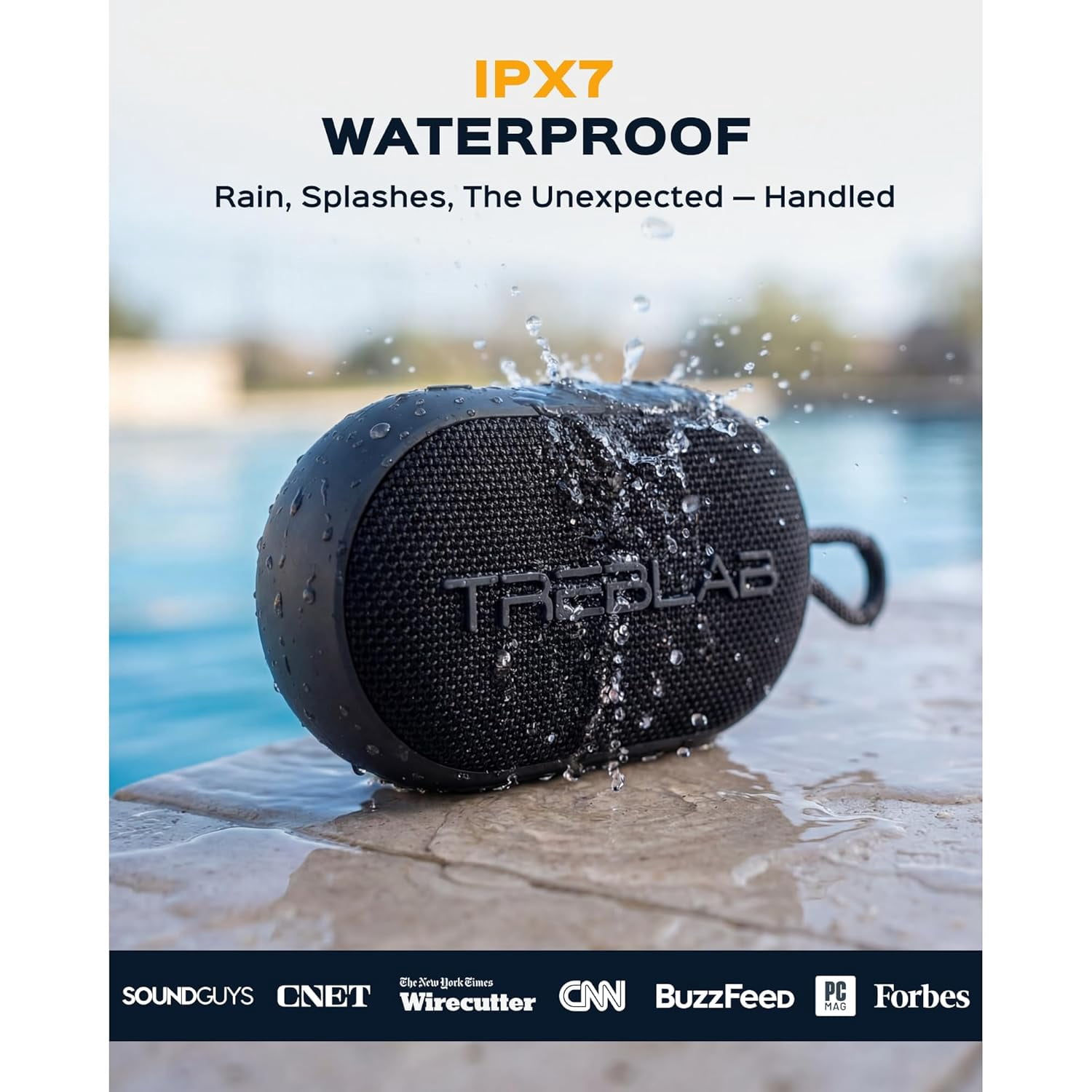 TREBLAB HD-Go - Ultra Portable Hand Held Speaker with Clip, 7W Power with Bass, 16H Playtime, IPX7 Waterproof, Built-in Mic, Compact & Lightweight, USB-C Charging – Small Speaker Bluetooth Wireless