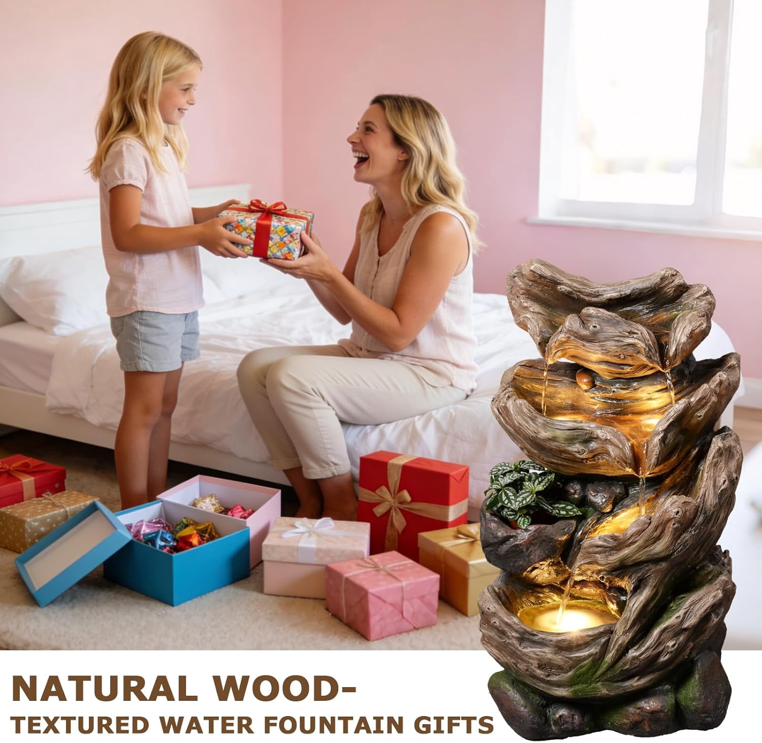 4-Tier Cascading Outdoor Water Fountain, 25.2" H Realistic Tree Trunk Garden Waterfall Fountains for Outside, Water Fountain Outdoor with Lights for Patio, Yard, Deck, Porch and Home Decor