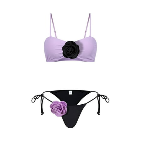 Womens Swimsuits 2 Piece Solid Color Print High Waist Suspender Backless Bikini Light Purple Bathing Suit for Women M