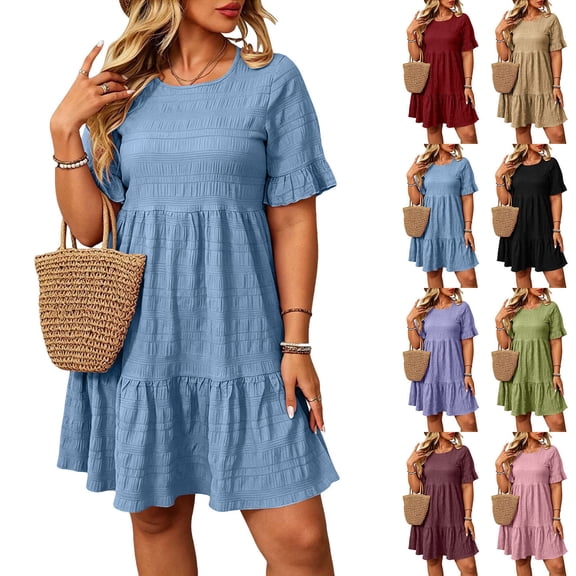 Sevevn Women’s Casual Ruffle Hem Dress Short Sleeve Loose Fit Babydoll Mini Dress Crew Neck Flowy Summer Dress for Vacation Beach Party Daily Wear Outfit Light Blue XXL