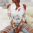 thumbnail image 2 of Tops con estampado de flores para mujer, camiseta de media manga con hombros descubiertos y costuras de encaje, camisetas holgadas informales a la moda para mujer 2022, 2 of 4