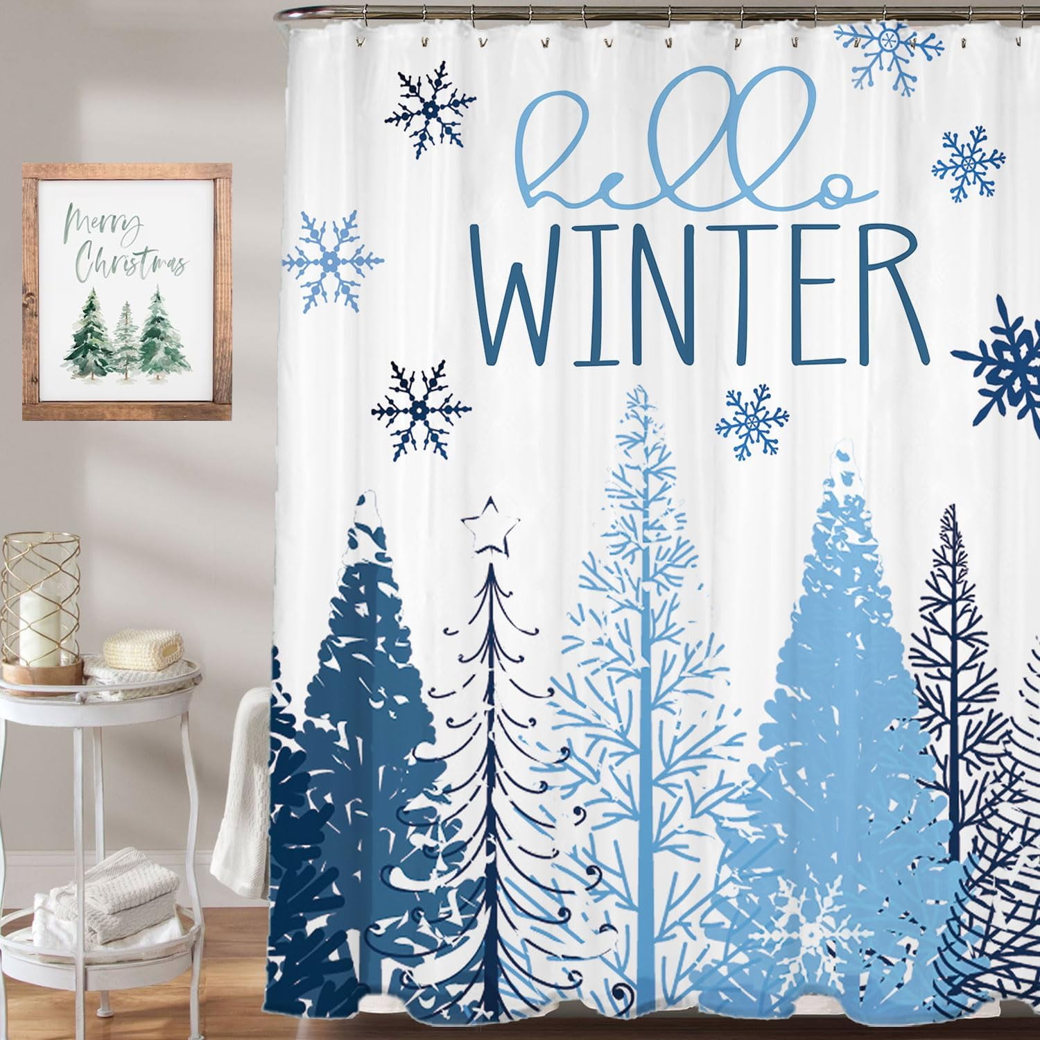 Winter Shower Curtain, 72"X72" Christmas Tree Shower Curtain, Blue Christmas Snowflake Shower Curtain with Hooks, Christmas Bathroom Decor, Waterproof Washable Polyester Holiday Xmas Bathroom Set