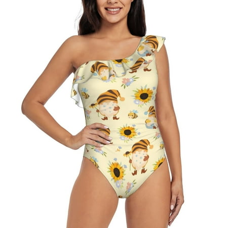 Zufioo Watercolor Bee Honey Honeycomb Bee Print One-shoulder Ruffled One-piece Swimsuit  High Elastic Integrated Removable Chest Pad Swimsuit Suitable for Beach  Pool and Vacation-