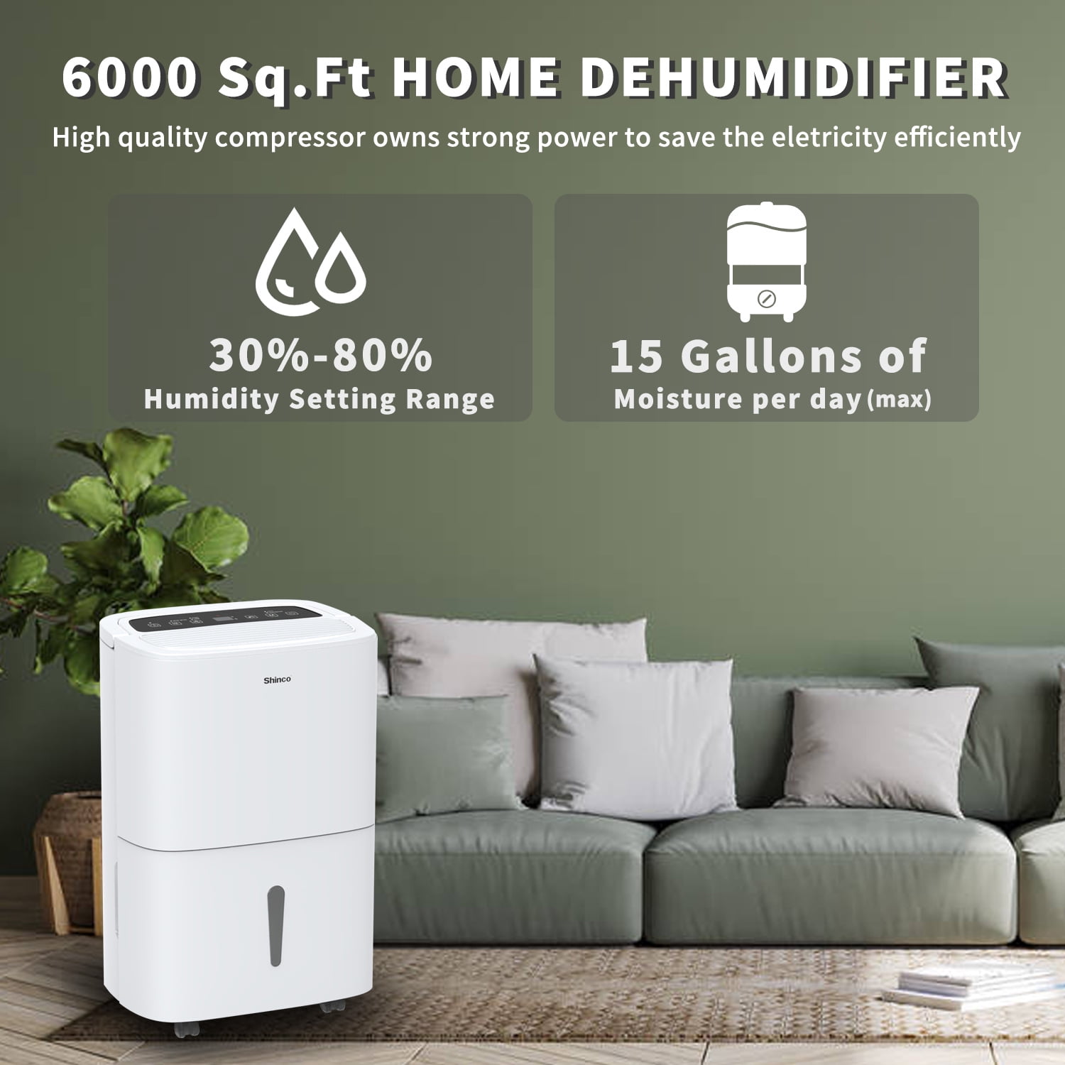 Shinco 6,000 Sq.Ft Energy Star Dehumidifier with WIFI, Ideal for Large Rooms and Home Basements, Efficient Moisture Removal with Adjustable Humidity Control, 1.32 Gallons Water Tank