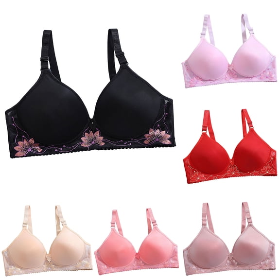Nmnitkp Bras for Women Antibacterial Fabric,Nursing Bras Flower Embroidery No Rims Fixed Cup Gathering Adjustable Buckle Daily Bra Black,L