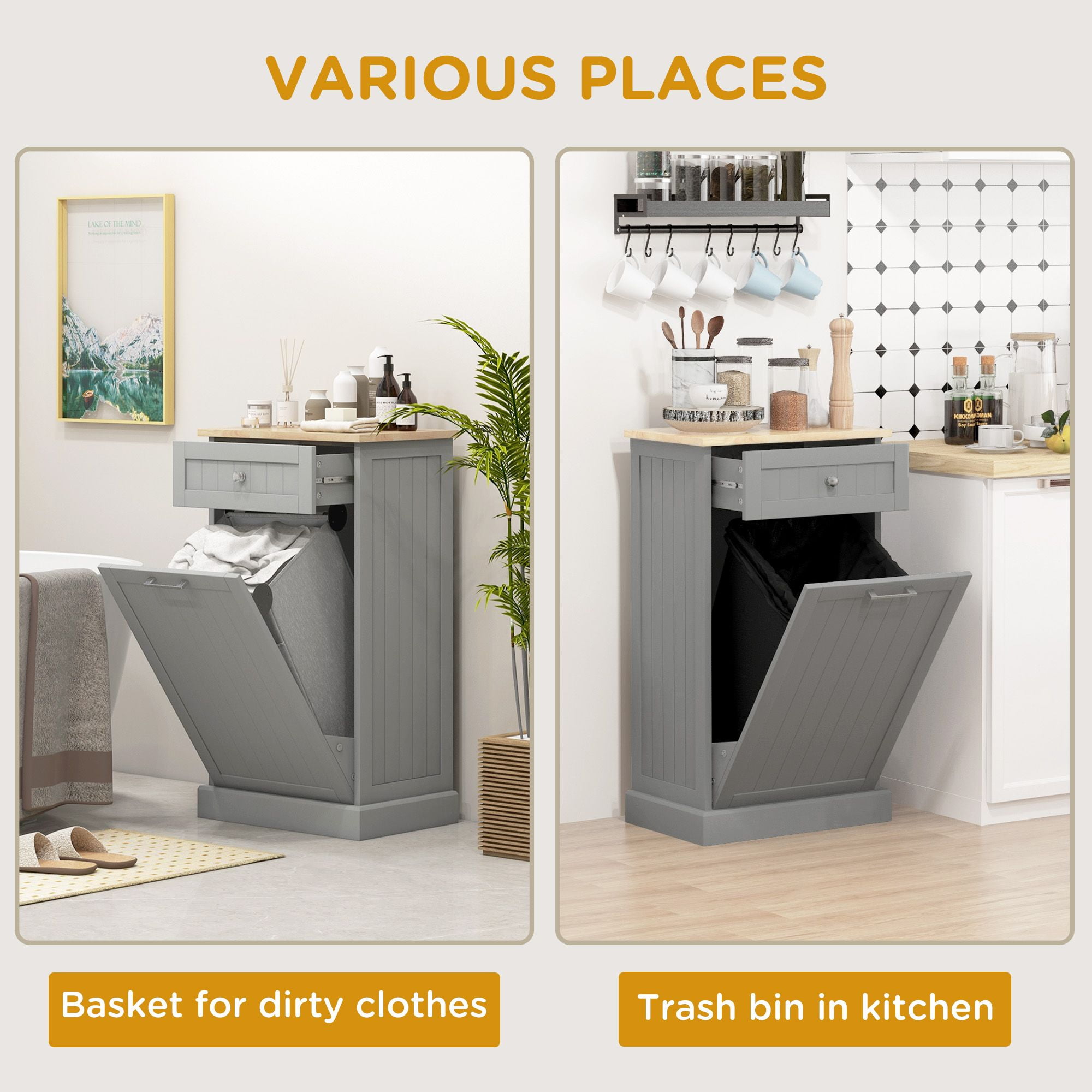 Tilt Out Trash Bin Cabinet with Drawer, Freestanding Recycling Can Holder, MDF and Wood, 20 in Wide, 10 Gallon Capacity, for Kitchen or Laundry Room