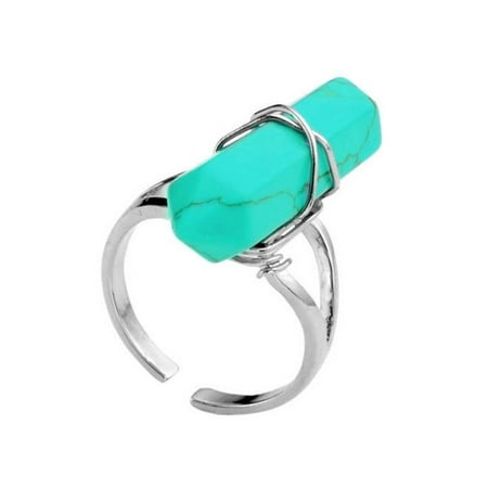 - Fashion Hexagon Prism Crystal Gemstone Bead Wire Wrap Finger Ring Adjustable