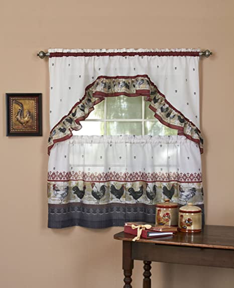 3 Piece Rooster Window Treatment Kitchen Curtain Tier & Valance Set 