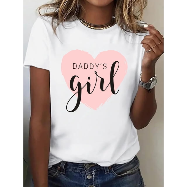1pc Women's Fashion Casual Sports T-Shirt with Pink Heart "Daddy's Girl" Letter Print, Crew Neck, Short Sleeve, Medium Stretch, All Seasons Tee For Adult, Men, Women, Teen, Teenager, Adolescent, Yout