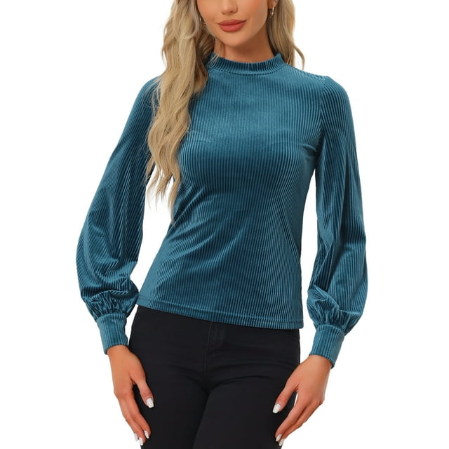 INSPIRE CHIC Haut Élégant en Velours pour Femmes Col Rond Manches Longues Bouffantes Blouse en Velours Bleu Paon TP