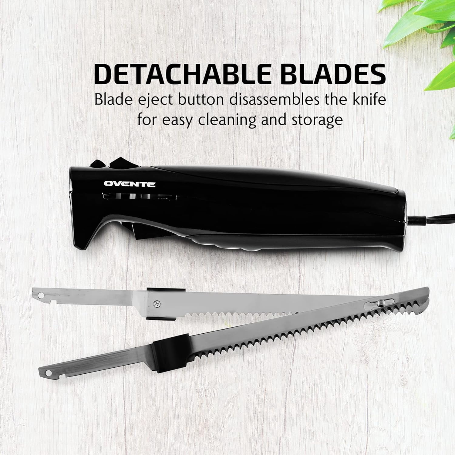 OVENTE Electric Carving Knife with Stainless Steel Blade, Black EK4510BB | 110W, Safety Lock and Eject Button, Lightweight & Ergonomic Handle, Ideal for Slicing Meat, Bread, Poultry, and Cheese