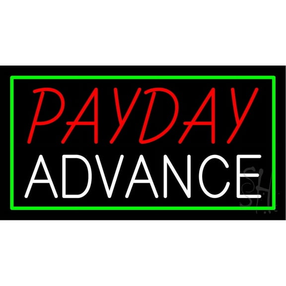Red Payday Advance Blue Border LED Neon Sign 13 x 24 - inches, Black Square Cut Acrylic Backing, with Dimmer - Bright and Premium built indoor LED Neon Sign for Pawn Wall decor decor, and storefront.