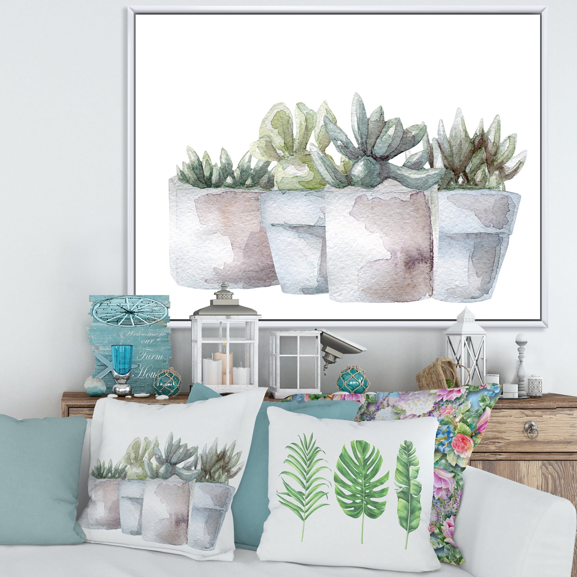 Designart 'Succulent and Cactus House Plants III' Farmhouse Framed Canvas Wall Art Print