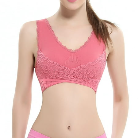 

NILLLY Dressy Tops for Women Ladies plain Color Front Cross Side Lace Sports Bra Full Cup Bra Vest Tops Ladies Top Pink / L