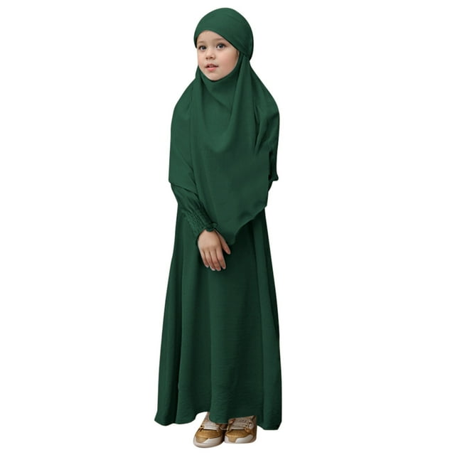 Wdgfv Robe de Prière pour Fille Musulmane Ramadan Vêtement Abaya Dubaï Islam Jilbeb Longue Robe Vert Foncé 11-12 Ans