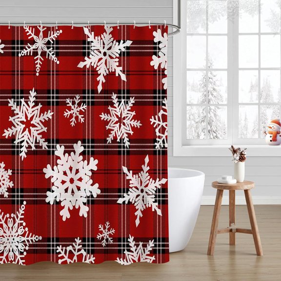 Christmas Shower Curtain Winter Snowflake Shower Curtains for Bathroom Red Buffalo Plaid Bathroom Decor Washable Durable Fabric Shower Curtains 72x72 inch