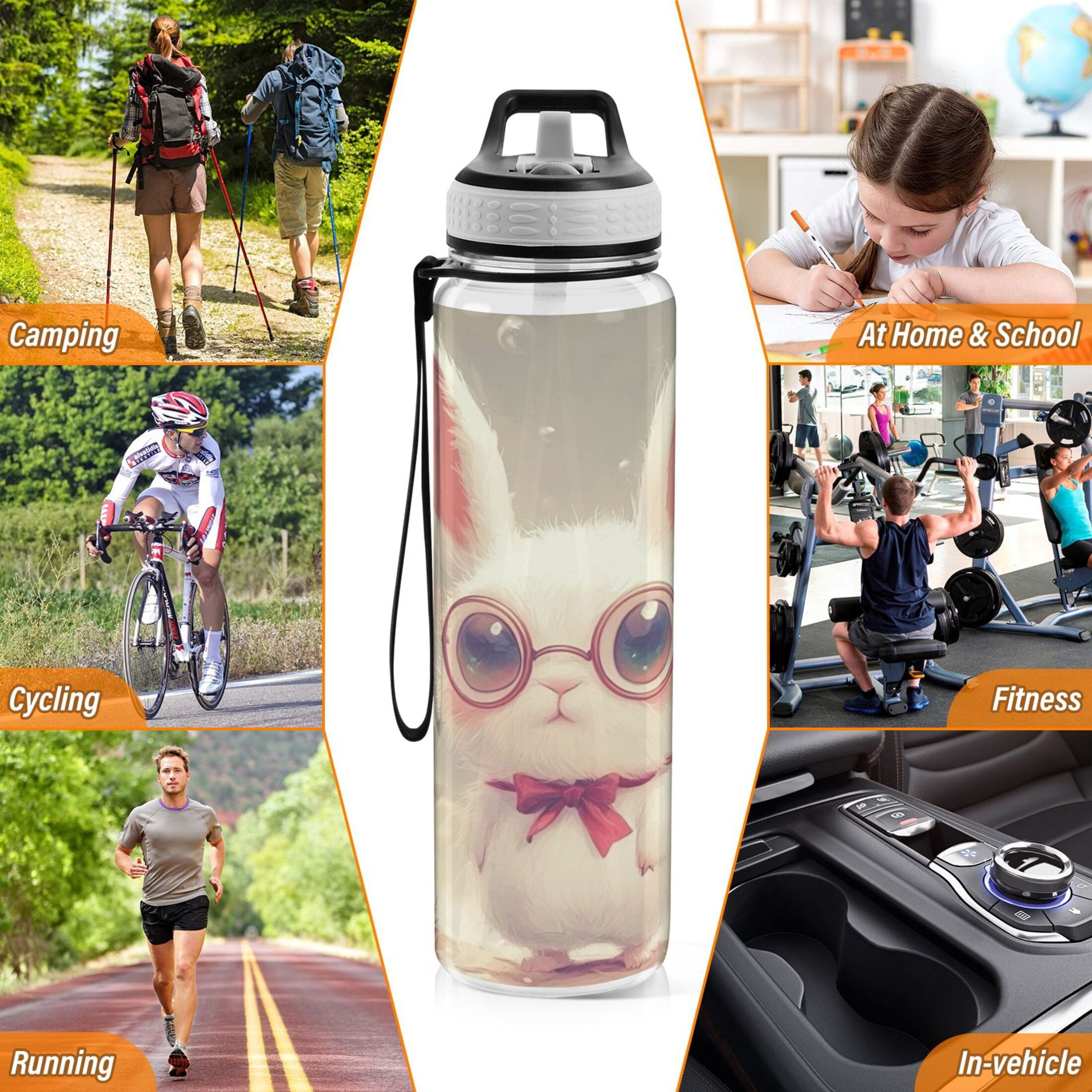 Sports Water Bottle 1000ML Tritan Food Grade Clear Water Bottle Fitness Outdoor Sports Bike Cartoon Rabbit with Glasses