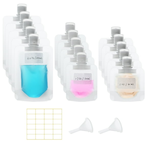 15 Pcs Travel Pouches for Toiletries, 30ml/50ml/100ml Leak Proof Squeeze Pouches, Refillable Stand Up Pouches with Labels, TSA Approved Travel Containers for Shampoo, Conditioner