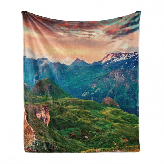 Mountain Soft Flannel Fleece Throw Blanket, Summer Morning of Grossglockner High Alpine Road Austrian Dramatic Sunset, Cozy Plush for Indoor and Outdoor Use, 50" x 70", Coral Teal Green, by Ambesonne