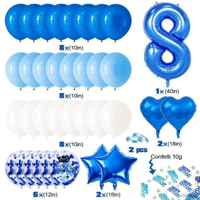 AOWEE 8th Birthday Decorations Blue, 40 Inch Number 8 Foil Balloon Blue  White Latex Balloon Arch, Printed Blue Confetti Balloon, Foil Star and  Heart