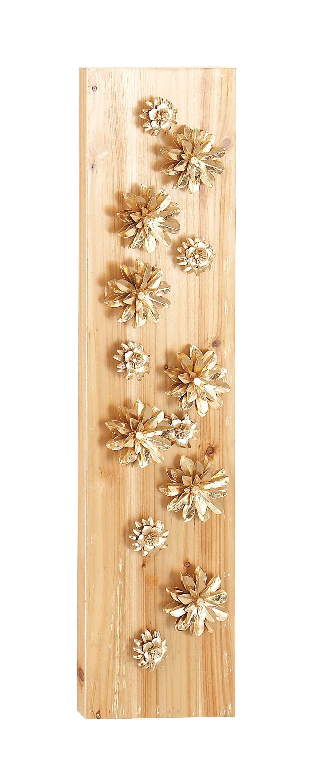 Decmode 39 X 9 Inch Natural Wood And Metal Light Gold Petaled Flowers Rectangular Wall Decor, Metallic, Natural Wood