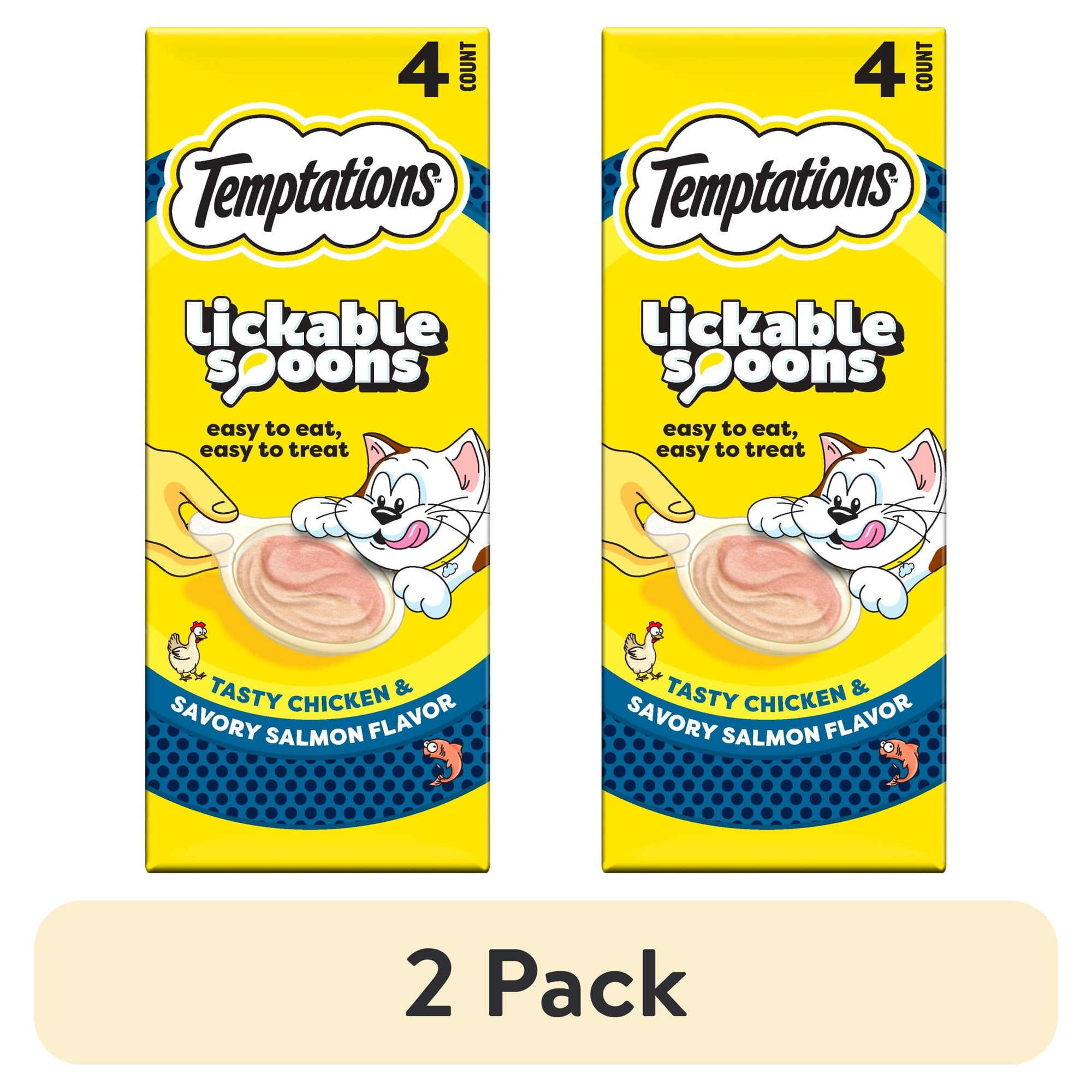(2 pack) Temptations Lickable Spoons Wet Cat Treat, Tasty Chicken and Savory Salmon, 10 Grams, Pack of 4