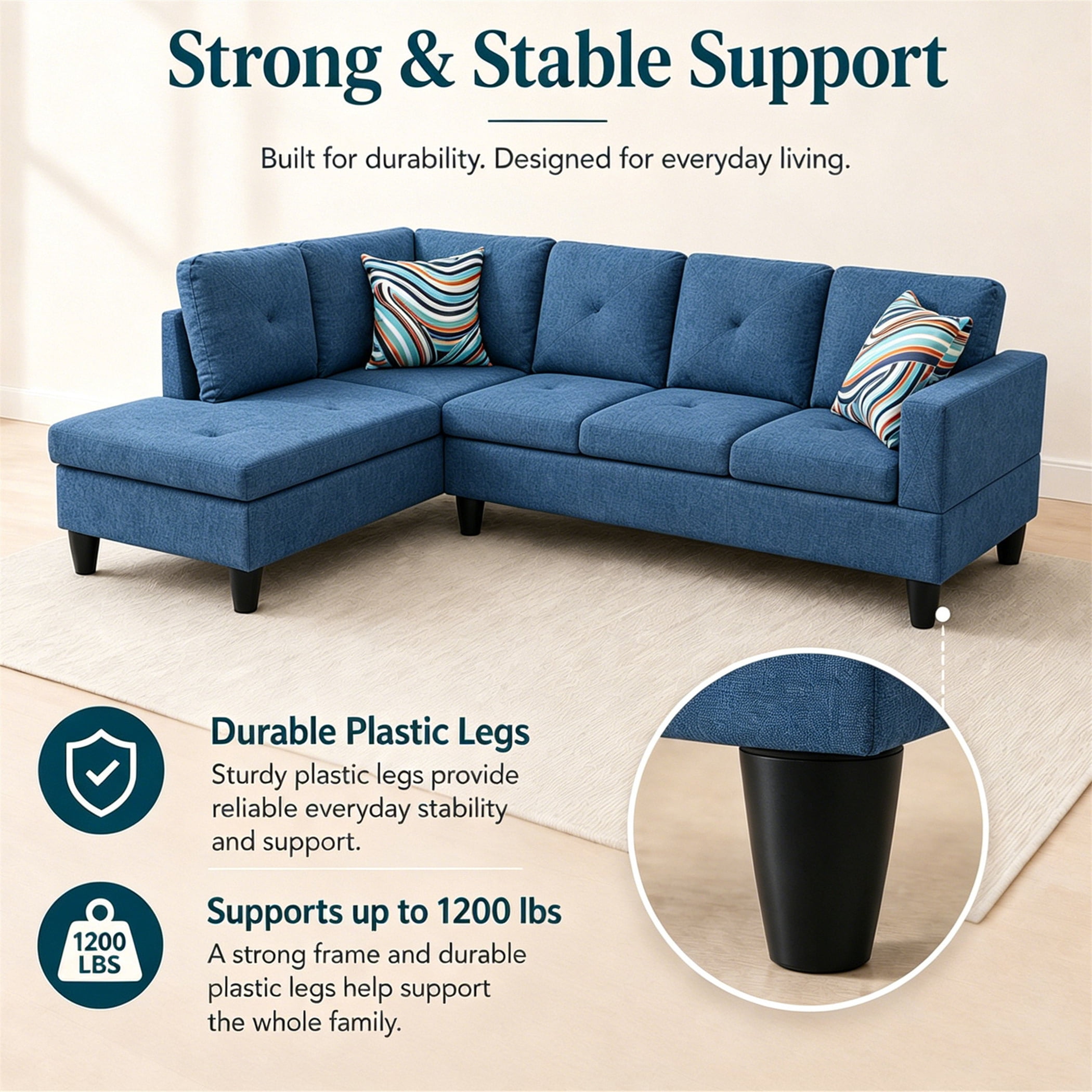 Aukfa 97" Classic Sectional Sofa 4 Seat L shape Couch for Living Room, 2Pillows, Oversized Left Chaise, Linen, Blue