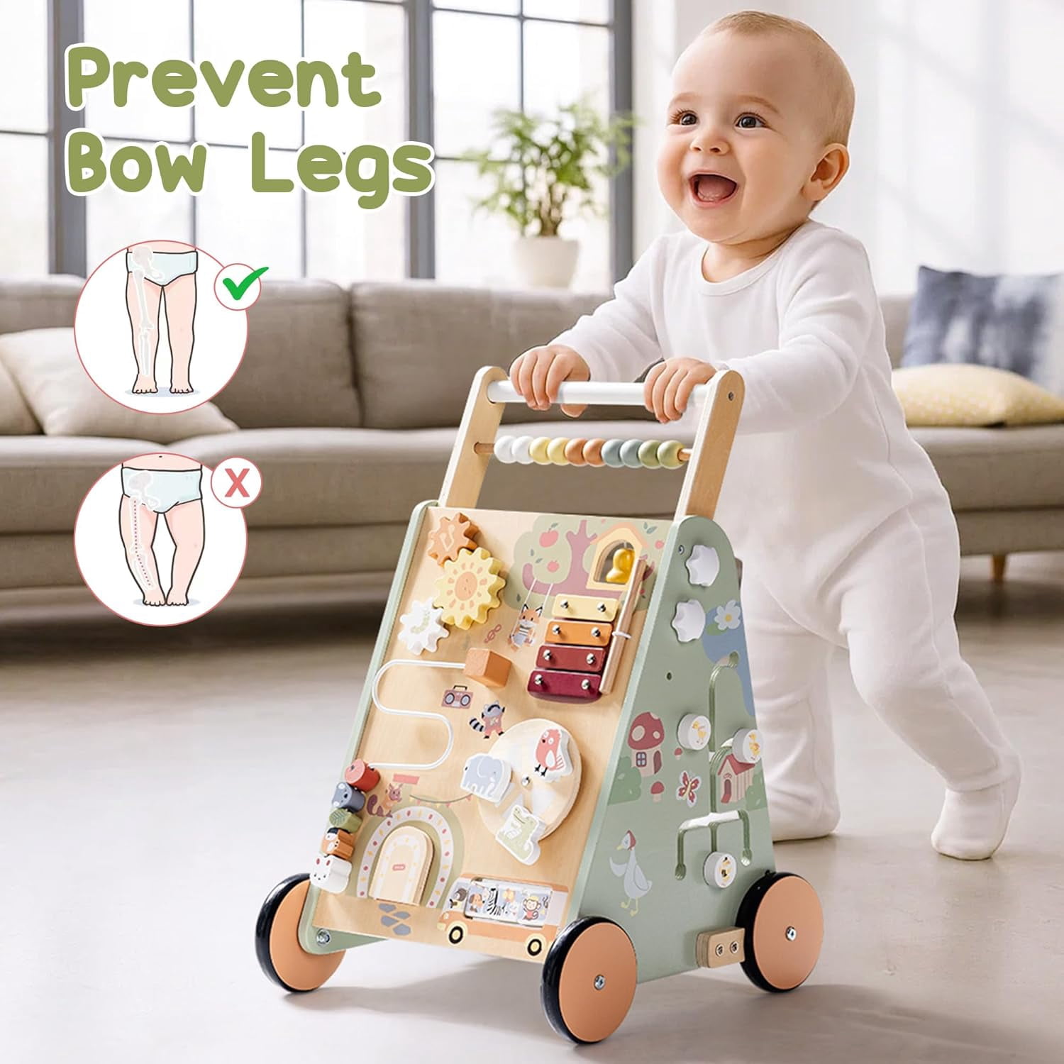 Robud Wooden Baby Walker, with Wheels, Montessori Push Toys for Babies 10M+ Learning to Walk, Baby Walkers Activity Center for Boys and Girls, Green, Forest Fairy Tale