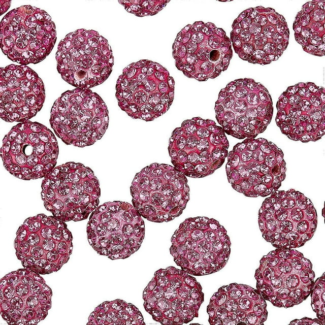 100pcs 10mm Fuchsia Rhinestones Pave Disco Ball Clay Beads, Polymer Clay Rhinestone Beads Round Charms Crystal Diamond Beads for Bracelet Necklace Ear