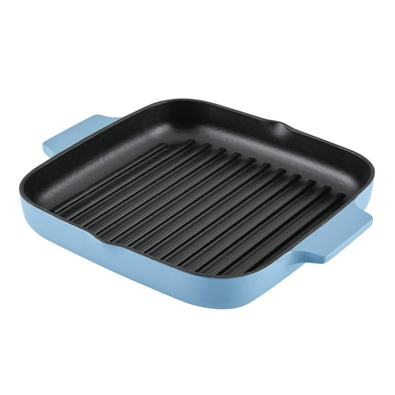 KitchenAid Enameled 11 Inch Cast Iron Square Grill and Roasting Pan, Induction Compatible, Metal Utensil, Broiler and Oven Safe to 500°F, Blue Velvet