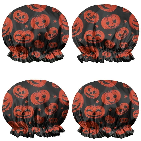 Shower Caps,Halloween Red Pumpkins Pattern Waterproof Shower Cap for Women 4 Pieces,Double Reusable Hair Cover for Shower PEVA Elastic Stretch Hem