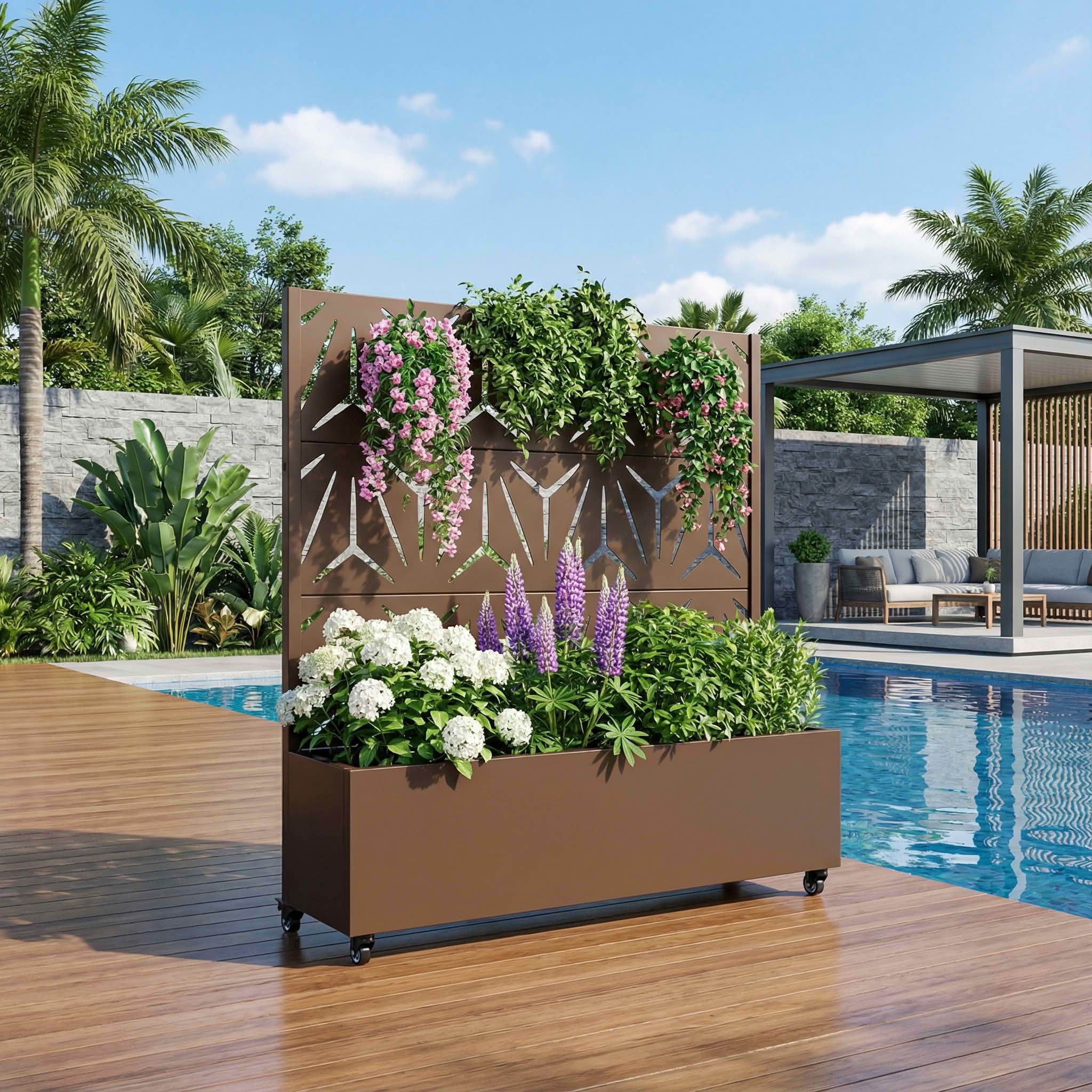 MAYEERTY 47X47" Metal Outdoor Brown Privacy Screen with Planter Box for Backyard & Garden, 3 Piece Set