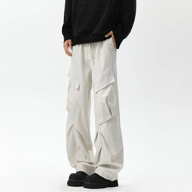 Puntoco Pantalones cargo con cordón y bolsillos de color sólido para hombre