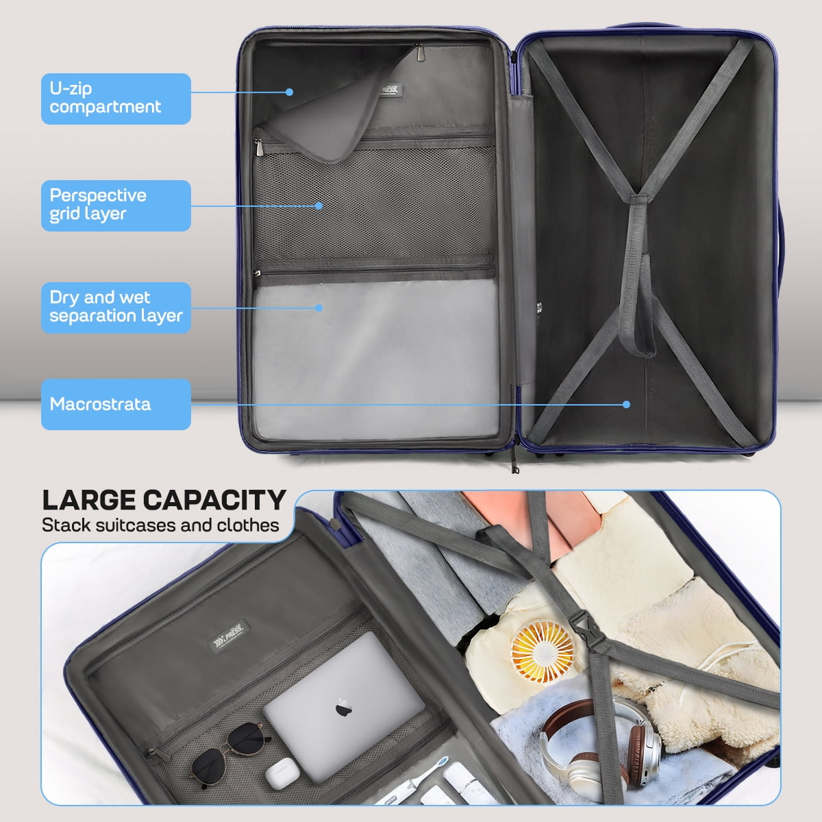 New York Xpress 26" Medium Checked Hardside Luggage,Expandable Suitcase with Spinner Wheels and TSA Lock, Blue - DQ135