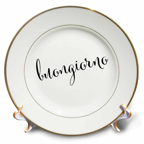 3dRose, good morning in italian buongiorno in black and white script, 8 inch Porcelain Plate