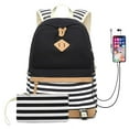 thumbnail image 1 of Langgg USB Backpacks for Girls Canvas Stripe Backpack School Bag College Bookbag Travel Daypack Black, 1 of 6
