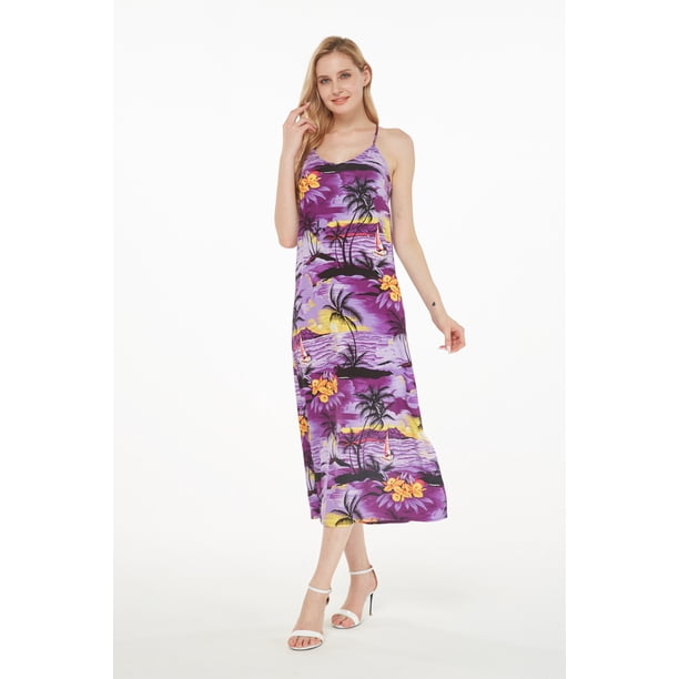 Women's Hawaiian Luau Floral Print Maxi Sweetheart Dress S Sunset Purple S