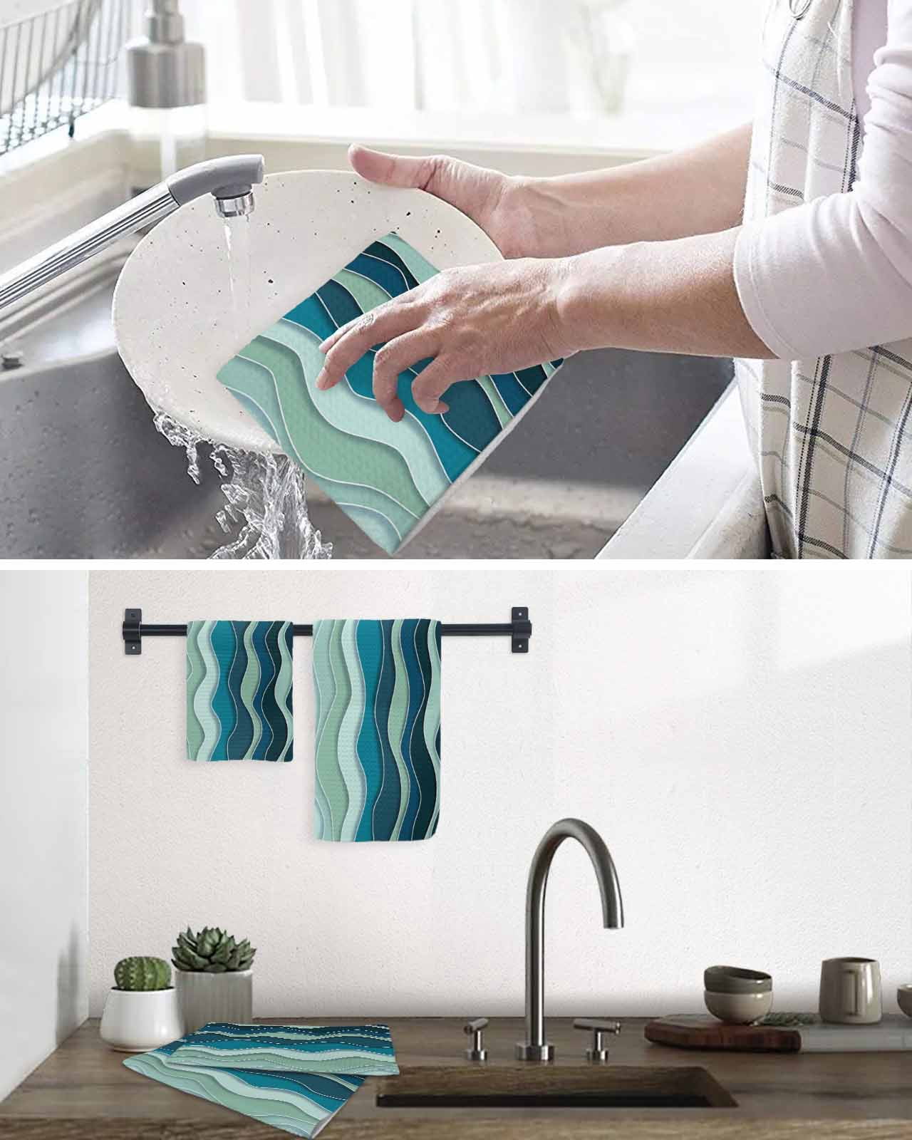 Teal Ombre Kitchen Dish Towels for Drying Dishes Set of 3, Abstract Art Moire Ocean Waves Waffle Weave Microfiber Terry Hand Tea Bathroom Towels Quick Dry & Absorbent Towel 15.7x23.6