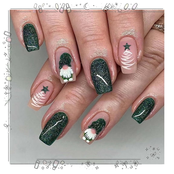 Christmas Green Press on Nails,Short Square Fake Nails with Leaf Santa Claus,Acrylic Glitter Glue on Nails Glossy Reusable Winter Xmas False Nails for Women Girl Holiday Manicure Daily 24pcs