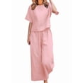 thumbnail image 2 of Women'S 2 Piece Set - Boat Neck Half Sleeve Top & Wide Leg Pants with Pockets, Casual for Work, Travel Pink S, 2 of 6