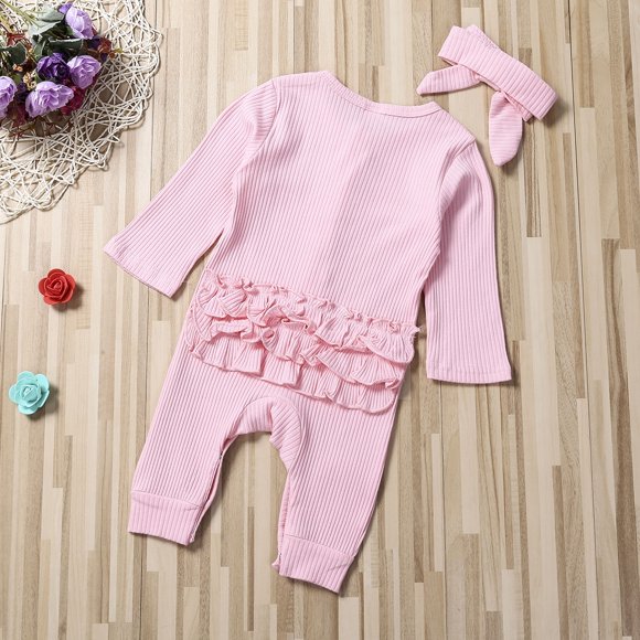Newborn Baby Boy Girl Clothes Knitted Ruffle Ribbed Long Sleeve One Piece Romper Jumpsuit with Headband Outfit Clothing