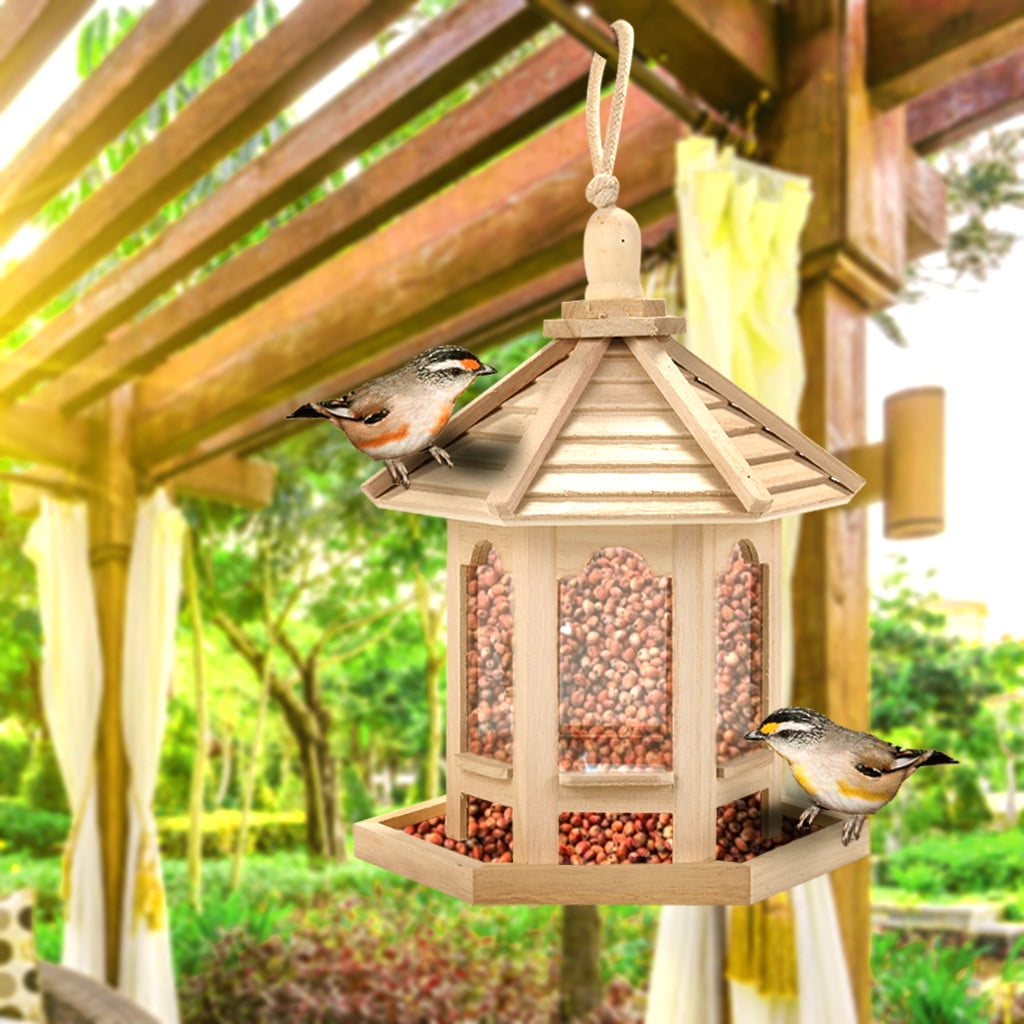 Darzheoy Wild Bird Feeders, Wooden Bird Feeder Hanging for Garden Yard Decoration, Hexagon Shaped Gazebo Bird Feeder with Roof and Large Capacity, Easy to Clean